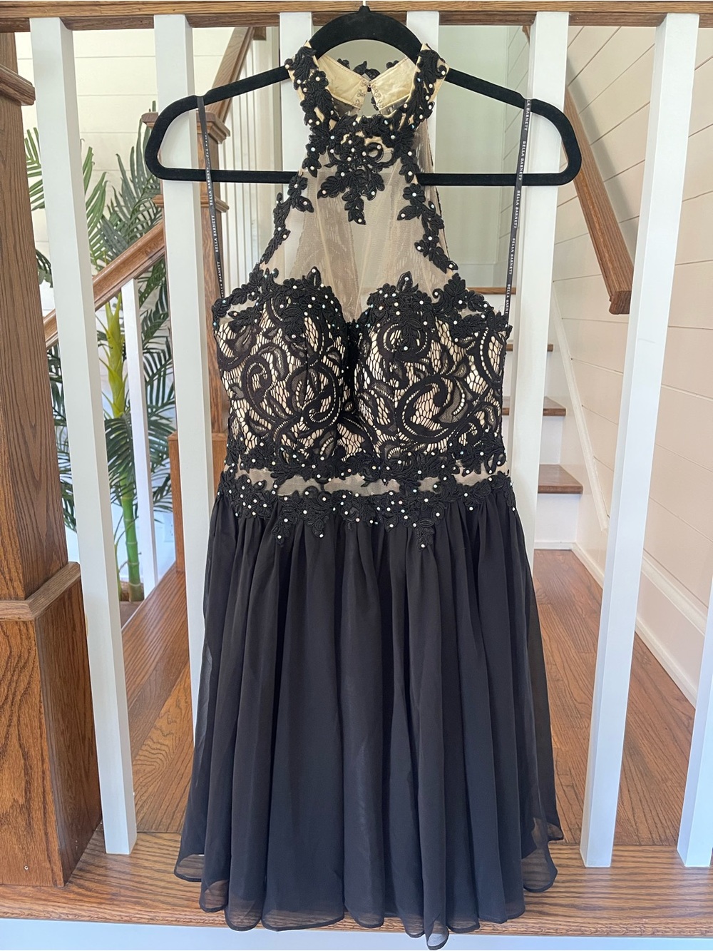 Sleeveless Black Lace & Nude Mesh Halter Prom Dress
